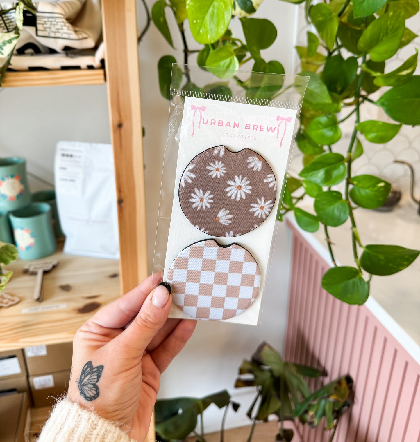 Daisy & Check set Car Coasters